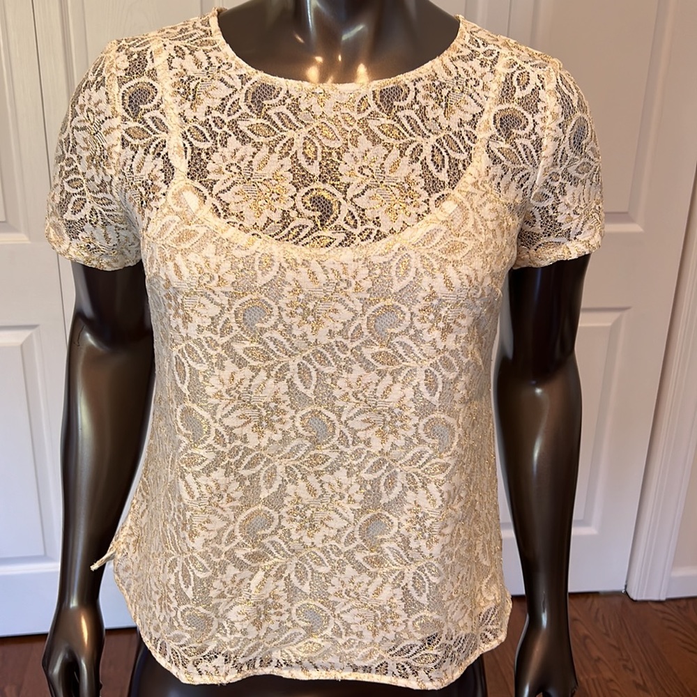 Liz Claiborne Career Metallic Gold & Cream Blouse with Undershirt Size Petite M